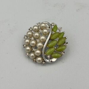 Vintage Faux Pearl Rhinestone Leaf Brooch Pin‎ Costume Jewelry Accessory